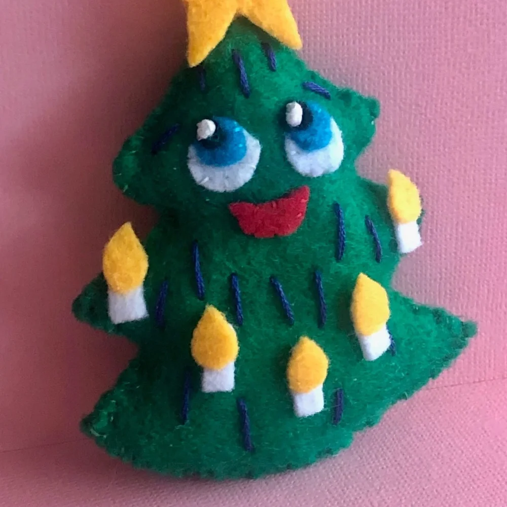 Christmas Tree Ornament Hand-Sewn Felt Anthropomorphic Green whimsy